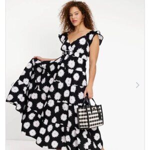 Kate Spade Pom Pom Floral Smocked Maxi Dress Sz L Black/White Excellent Cond